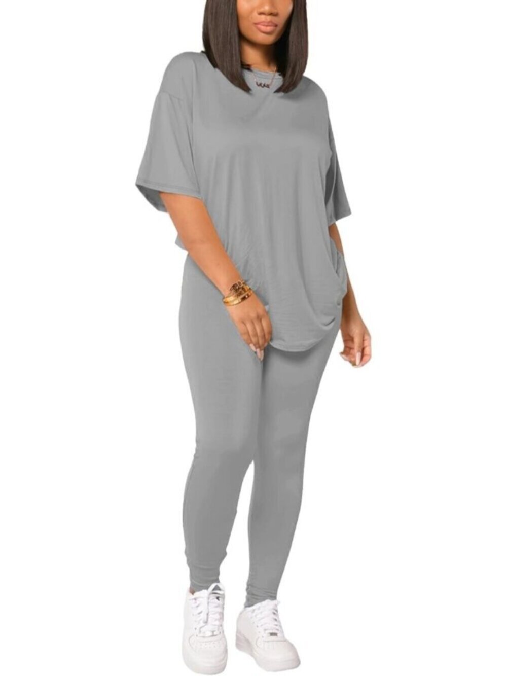 〽️Women's Grey 2 Piece Outfits Summer Sweatsuits Drop Shoulder Tracksuits